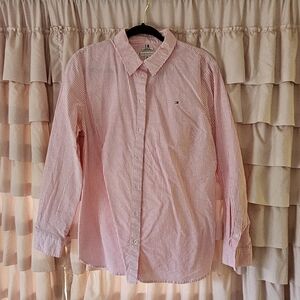 Tommy Hilfiger Women's Pink Striped Classic Fit Button-Down Shirt